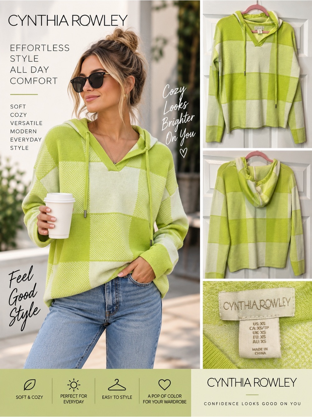 Cynthia Rowley Lime Green Checkered Knit Hoodie Sweater XS Preppy Coastal